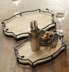 Ornamental Wood Tray with Metal Handles (Set of 2)