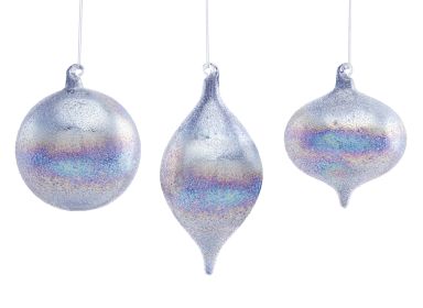 Irredescent Silver and Blue Glass Ornament (Set of 4)