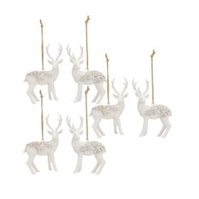 Modern White Deer Ornament with Raised Pine Design (Set of 6)