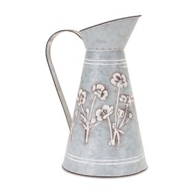 Floral Stamped Metal Pitcher Vase 12.5"H