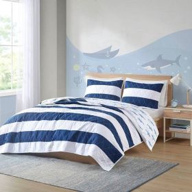 Full/Queen 3 Piece Coastal Reversible Navy Blue White Sharks Cotton Quilt Set