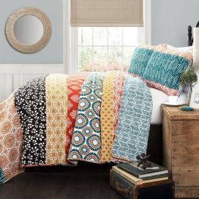 Full/Queen size Cotton 3 Piece Reversible Teal Orange Bohemian Stripe Quilt Set