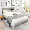 Full Size Grey/Gold Linen Headboard 4 Drawer Storage Platform Bed