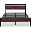 Queen Metal Platform Bed Frame with Mahogany Wood Panel Headboard Footboard