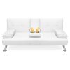 White Faux Leather Convertible Sofa Futon with 2 Cup Holders