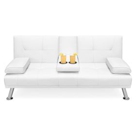 White Faux Leather Convertible Sofa Futon with 2 Cup Holders