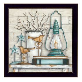 "Lantern on Books" By Mary June, Printed Wall Art, Ready To Hang Framed Poster, Black Frame