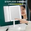 360° Adjust Foldable Makeup Mirror With LED Light Rechargeable Wireless 1-3X Magnifying 3 Tone Light Desktop Vanity Mirror Table